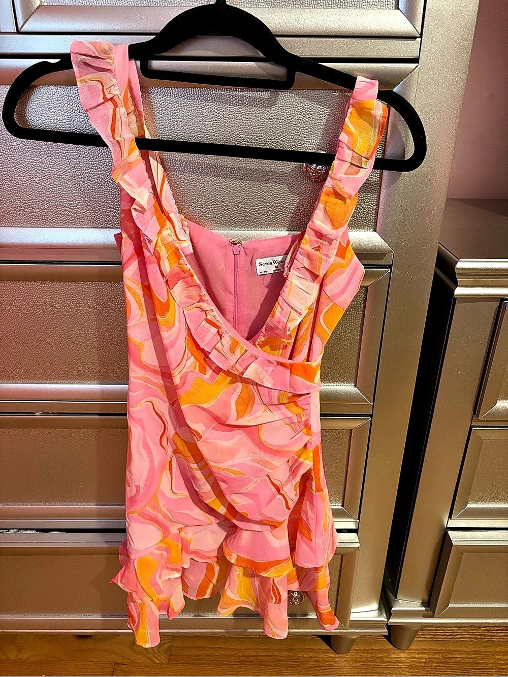 Seven Wonders Abstract Ruffle Mini Dress in Pink & Orange